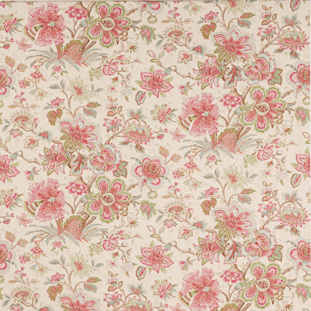 Cream linen fabric with large pink and green floral trailing motifs