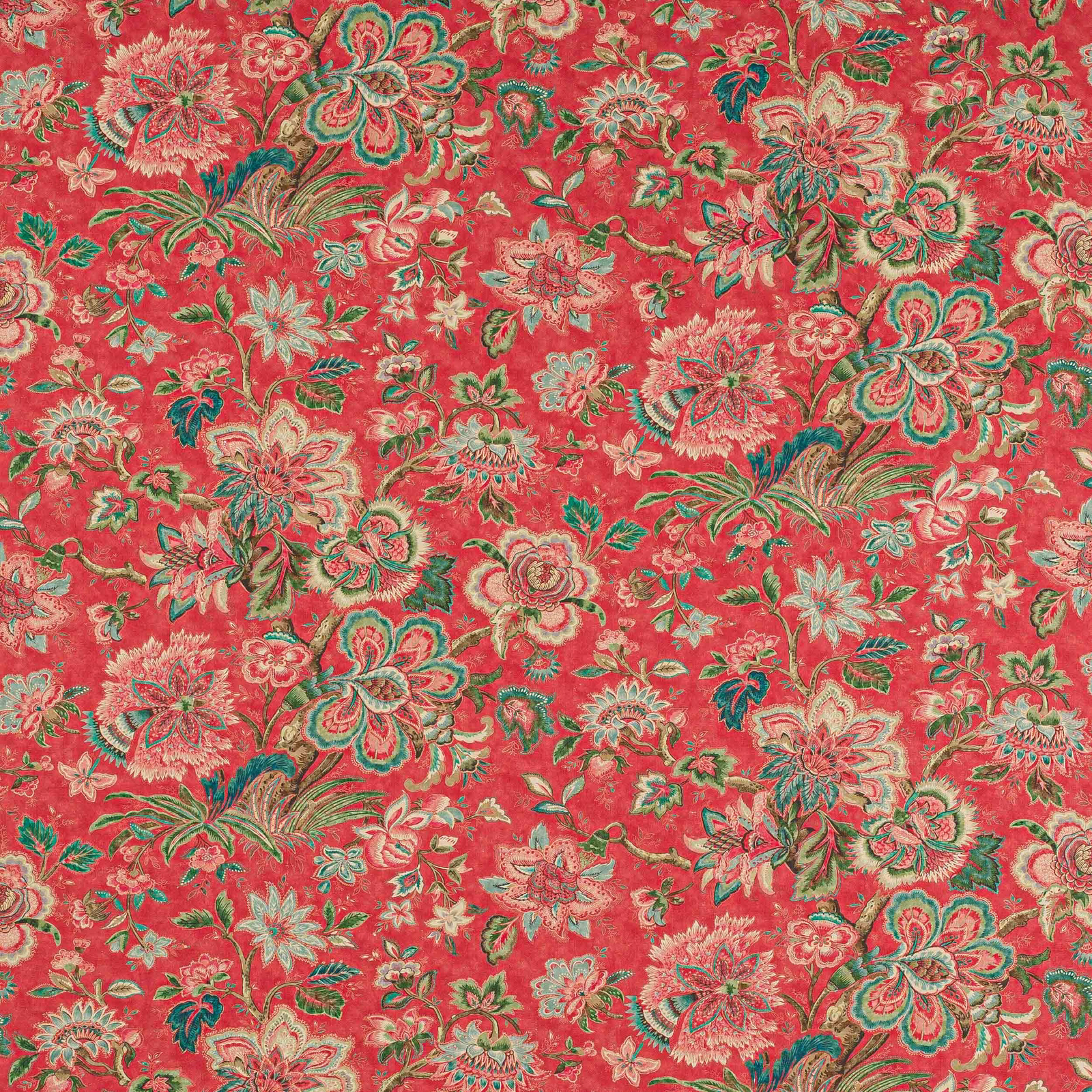 Coral-red floral linen with green and teal blossoms and leafy trailing stems