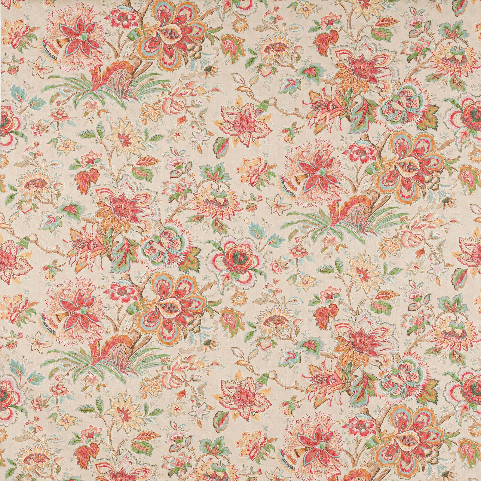 Coral and green floral linen on an ivory ground with large scrolling blossoms