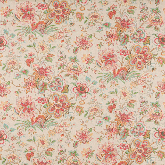 Coral and green floral linen on an ivory ground with large scrolling blossoms