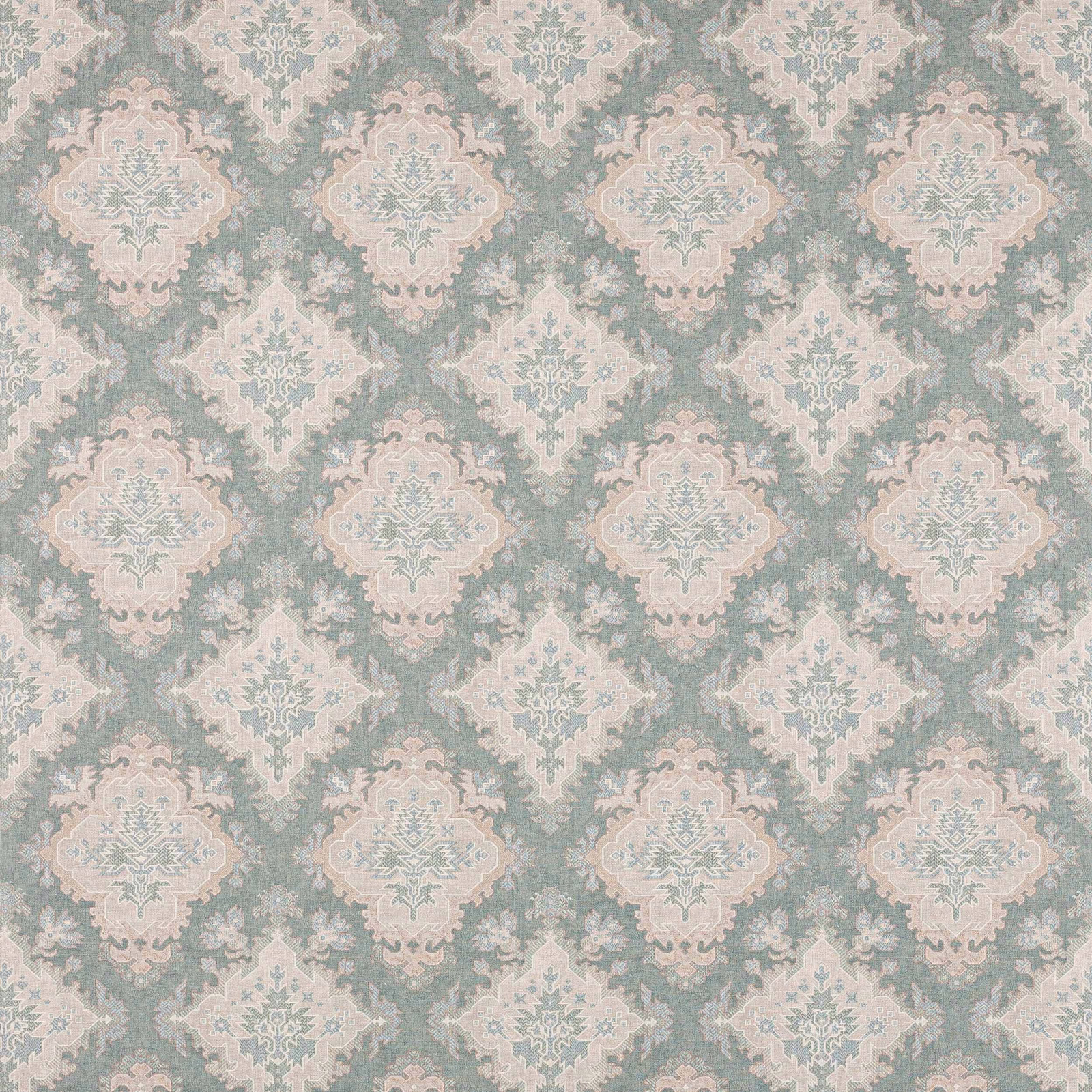 Pale blue-grey damask linen swatch with soft ivory patterning