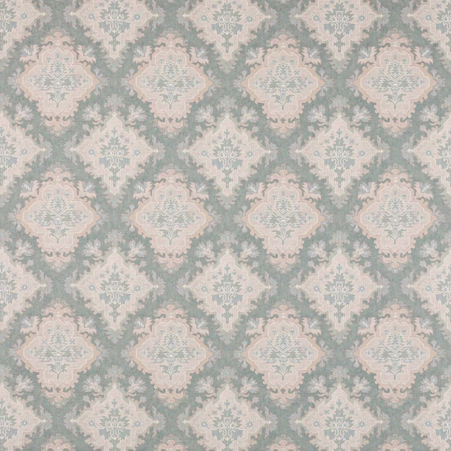 Pale blue-grey damask linen swatch with soft ivory patterning