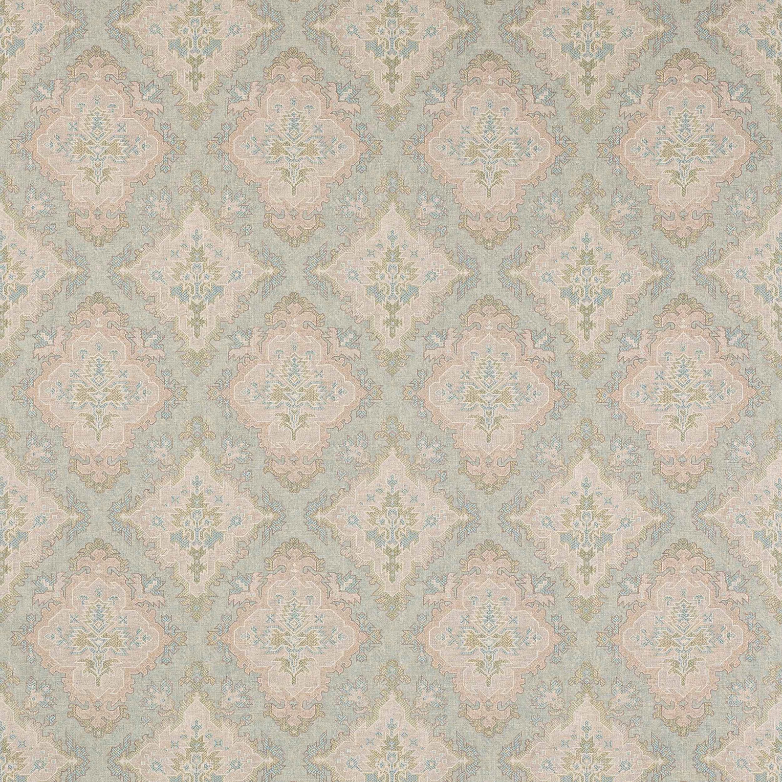 Pale old blue linen damask swatch with blush and cream motifs