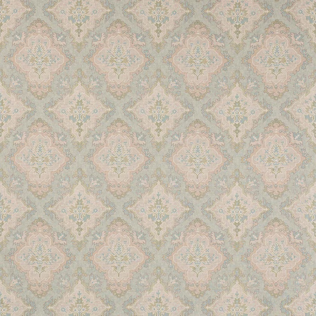 Pale old blue linen damask swatch with blush and cream motifs