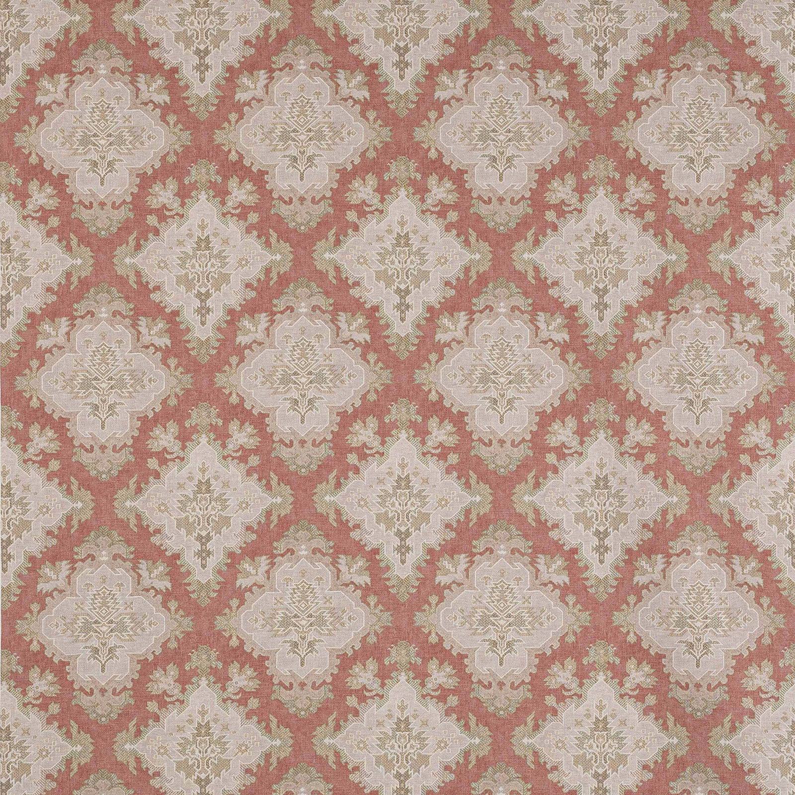 Soft dusty rose damask linen swatch with cream ornamental motifs