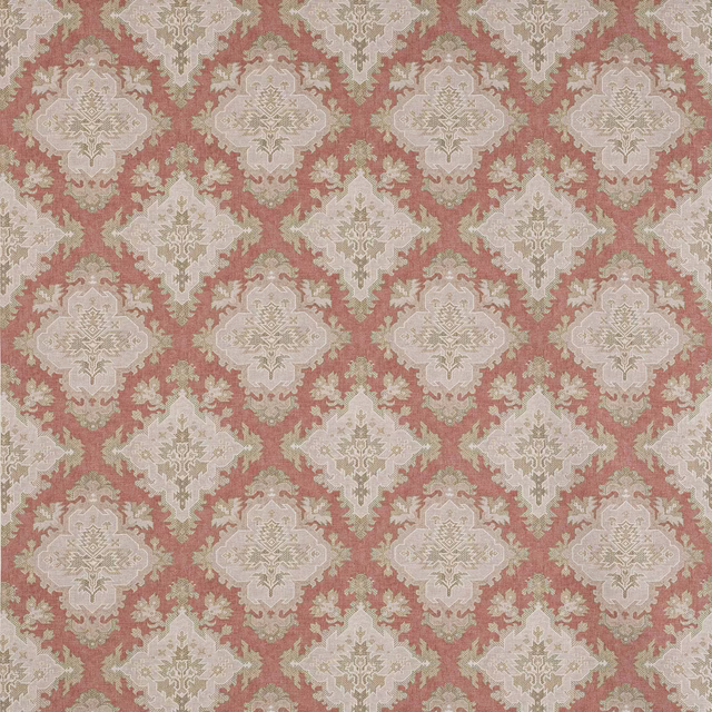 Soft dusty rose damask linen swatch with cream ornamental motifs