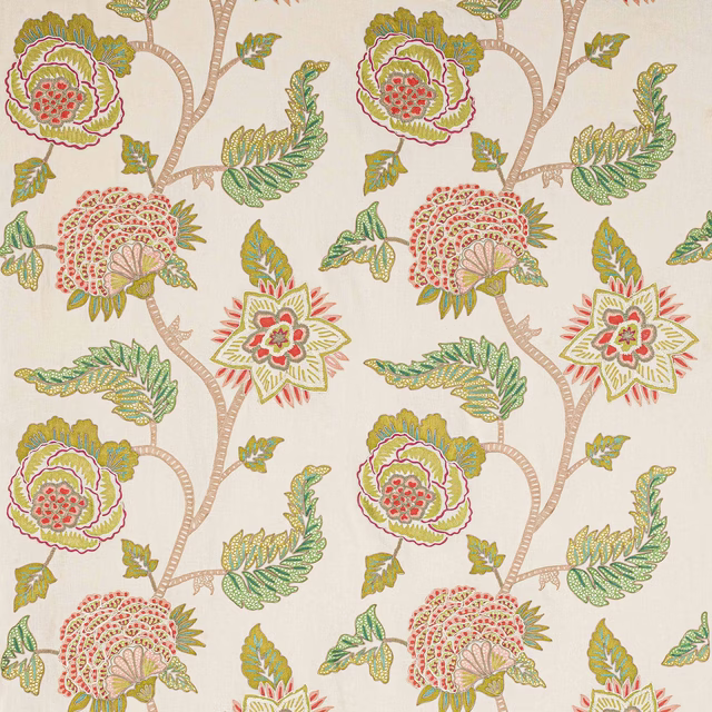 Large floral botanical fabric with pink blooms and green leaves on a cream ground