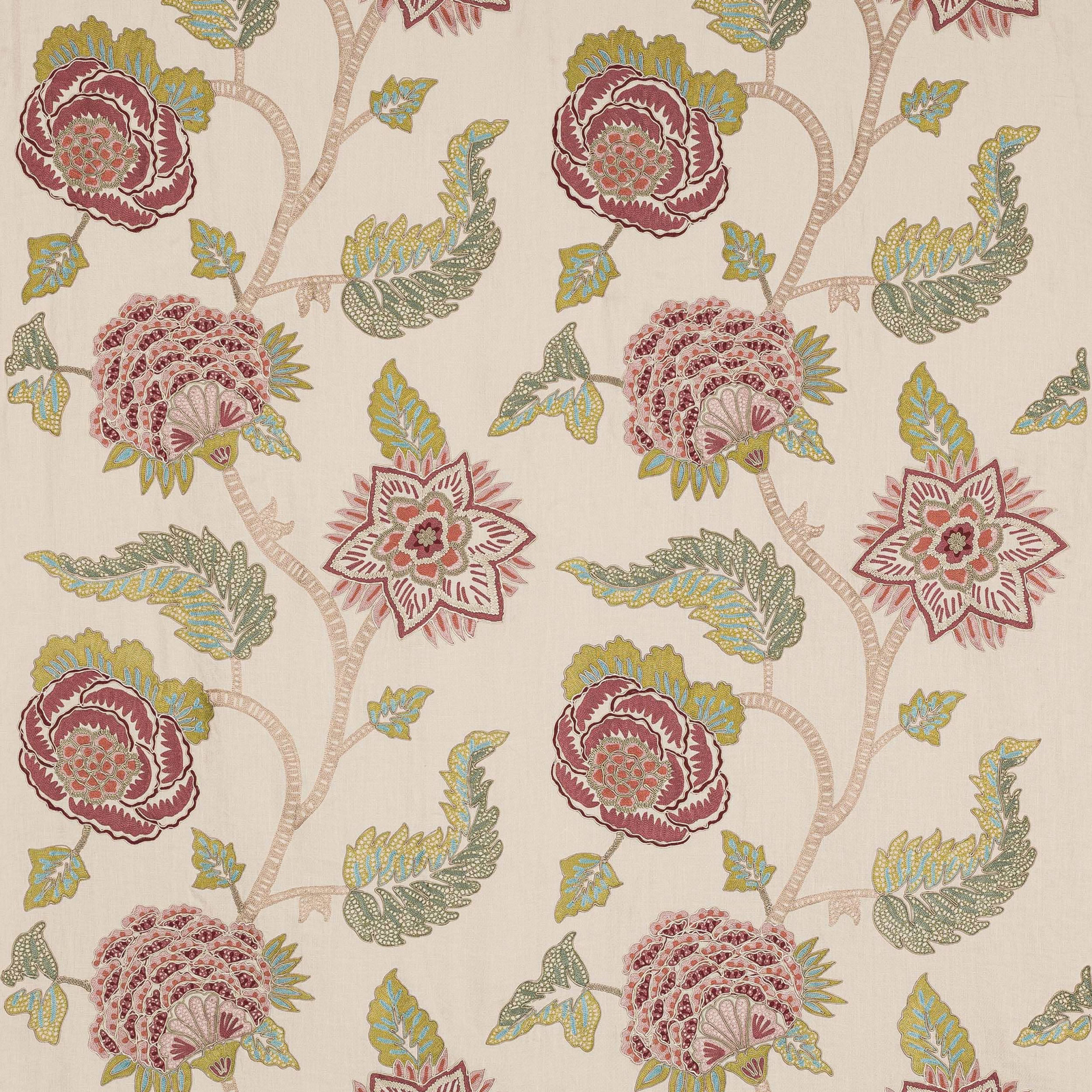 Ivory floral fabric with rose red blooms and sage green leaves