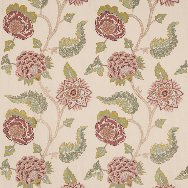 Ivory floral fabric with rose red blooms and sage green leaves