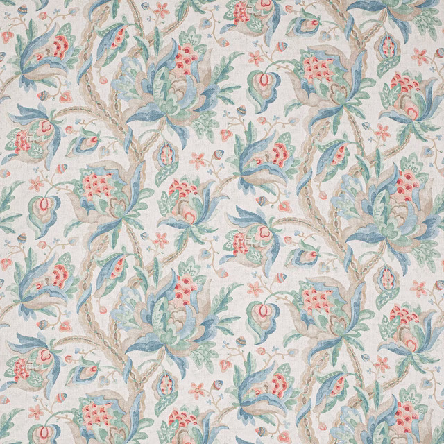 Painterly coral, sage and blue floral linen on a cream ground