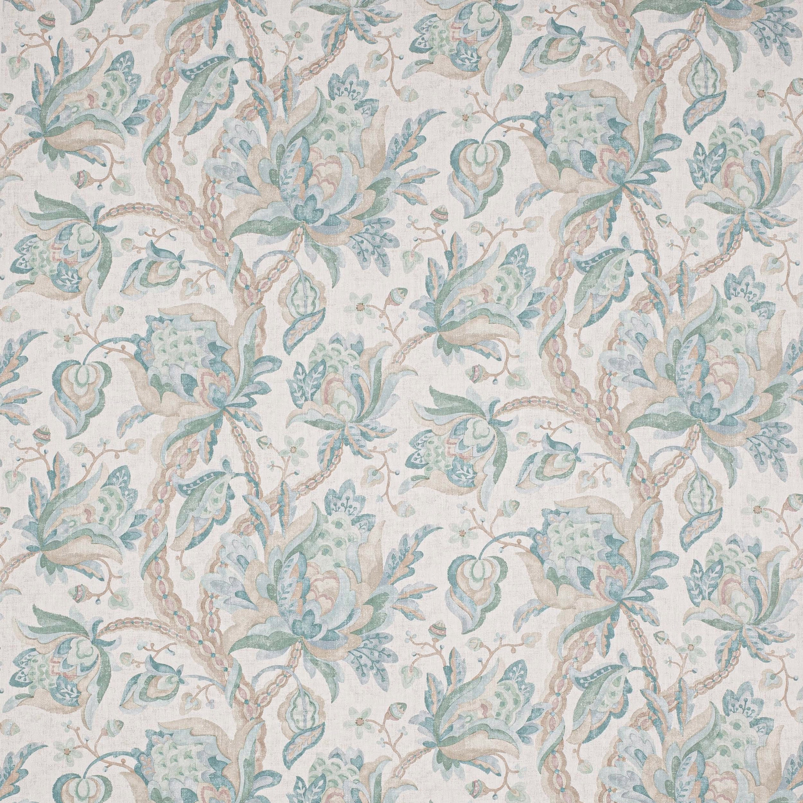 Pale linen swatch with large botanical floral pattern in muted blue-green and aqua
