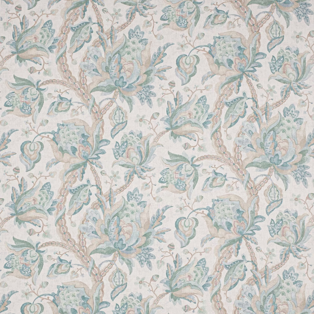 Pale linen swatch with large botanical floral pattern in muted blue-green and aqua