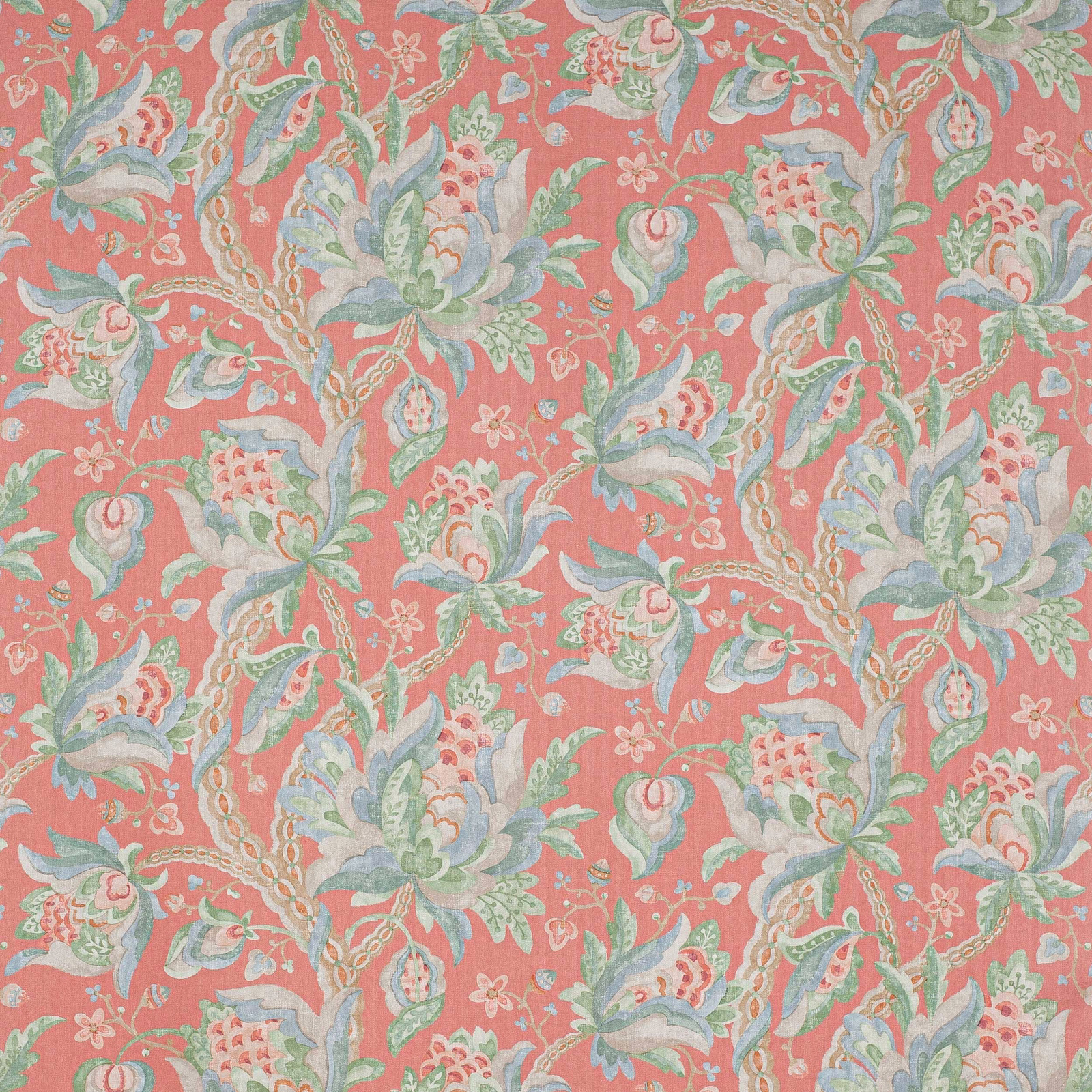 Coral-red floral linen swatch with soft blue and green trailing blossoms