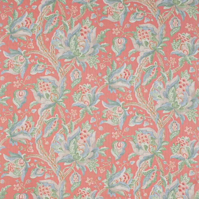 Coral-red floral linen swatch with soft blue and green trailing blossoms
