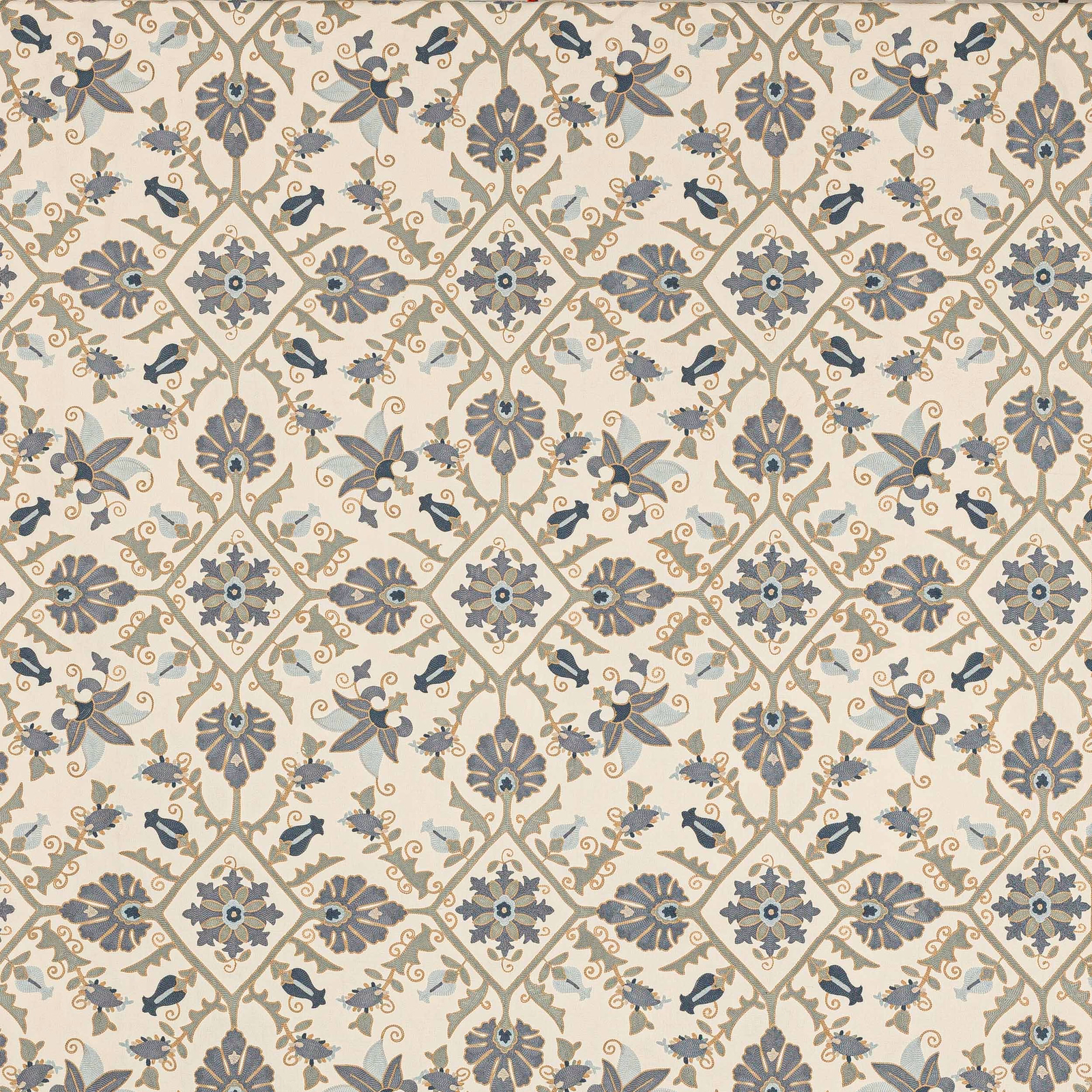 Cream fabric swatch with blue-grey trellis, floral motifs and small bird details