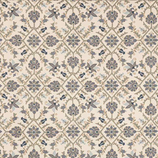 Cream fabric swatch with blue-grey trellis, floral motifs and small bird details