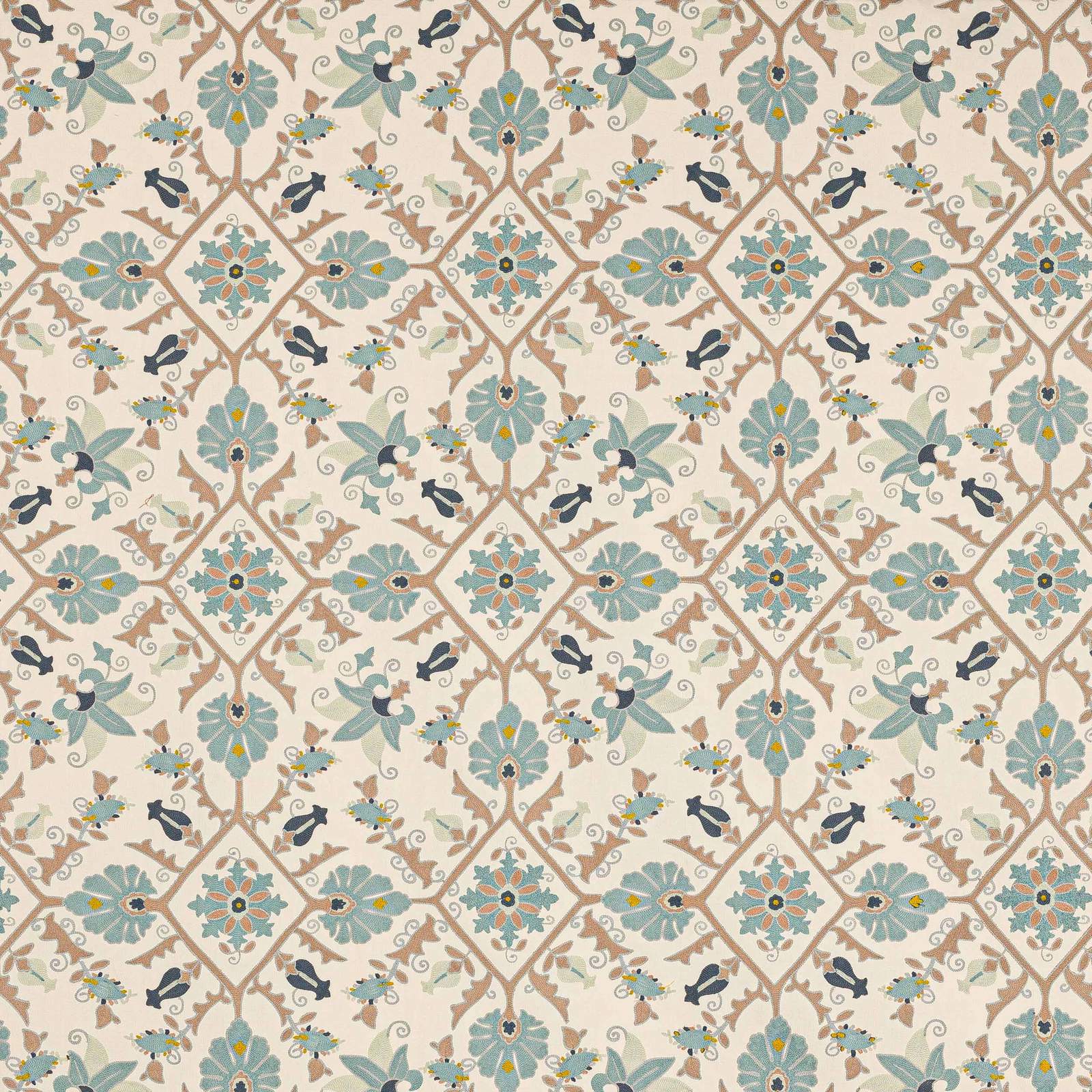 Cream ground fabric with large teal-blue floral lattice and tan scrolling vines