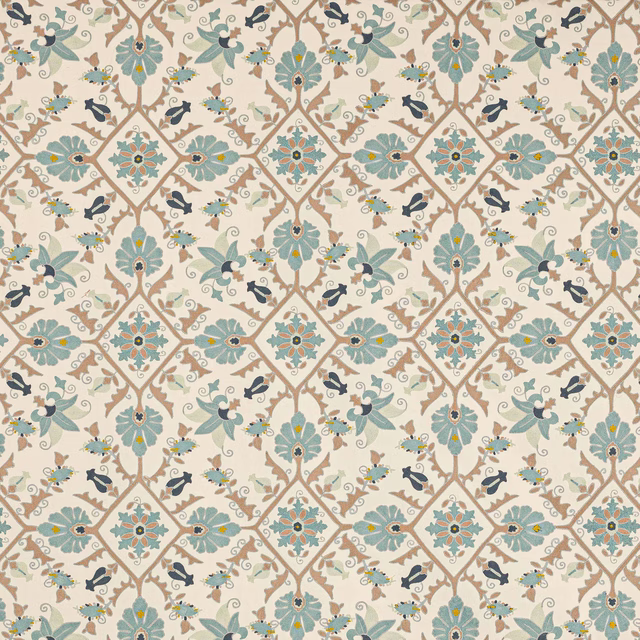 Cream ground fabric with large teal-blue floral lattice and tan scrolling vines