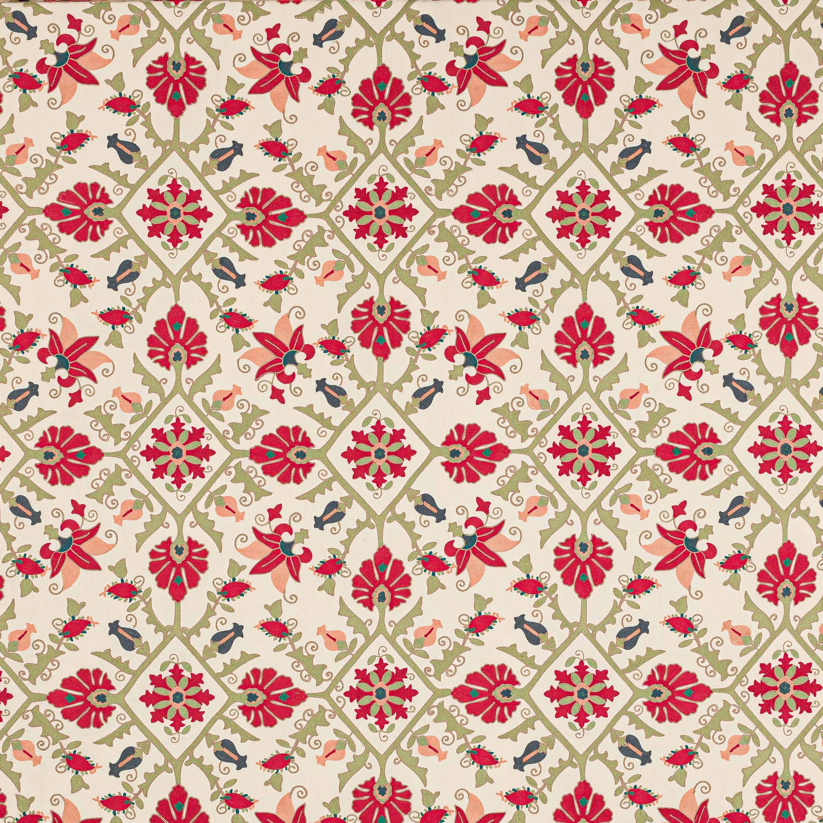 Red floral lattice fabric with sage green scrolling vines on a pale ground