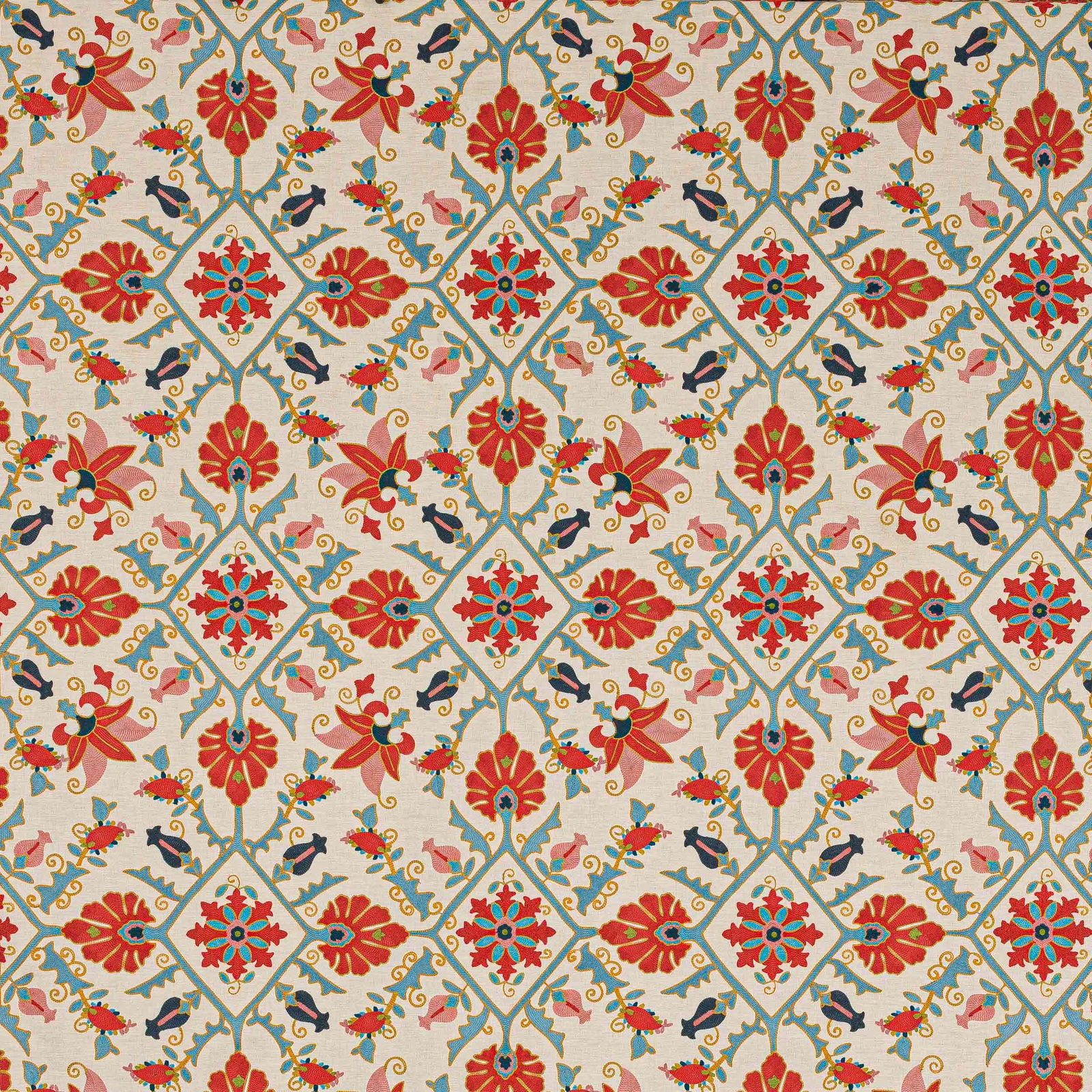 Cream ground fabric with tomato red and aqua lattice floral motif