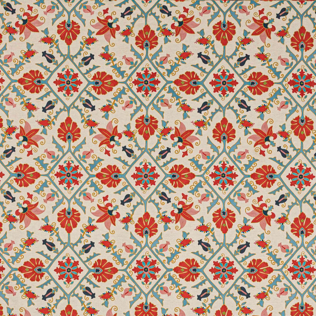 Cream ground fabric with tomato red and aqua lattice floral motif