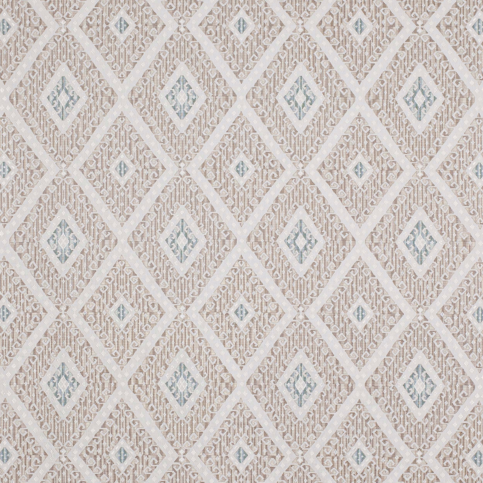 Rowley Beige diamond lattice fabric swatch in warm beige and ivory