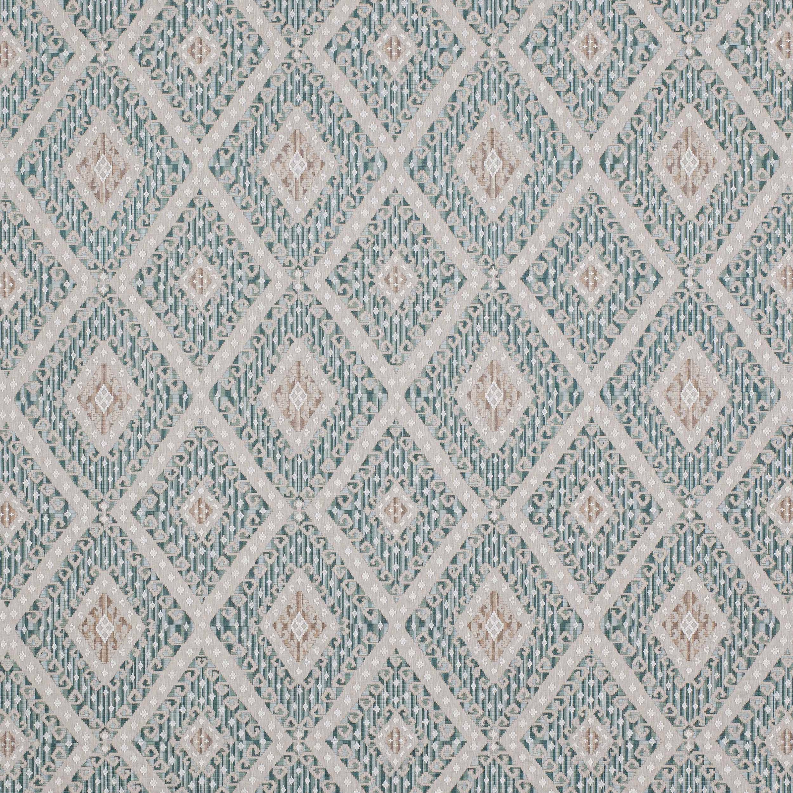 Soft powder blue geometric diamond fabric with ivory lattice and pale taupe detail