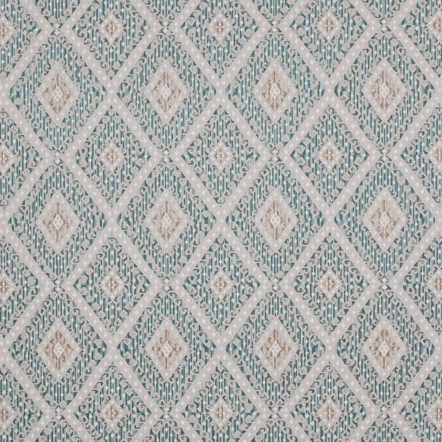 Soft powder blue geometric diamond fabric with ivory lattice and pale taupe detail