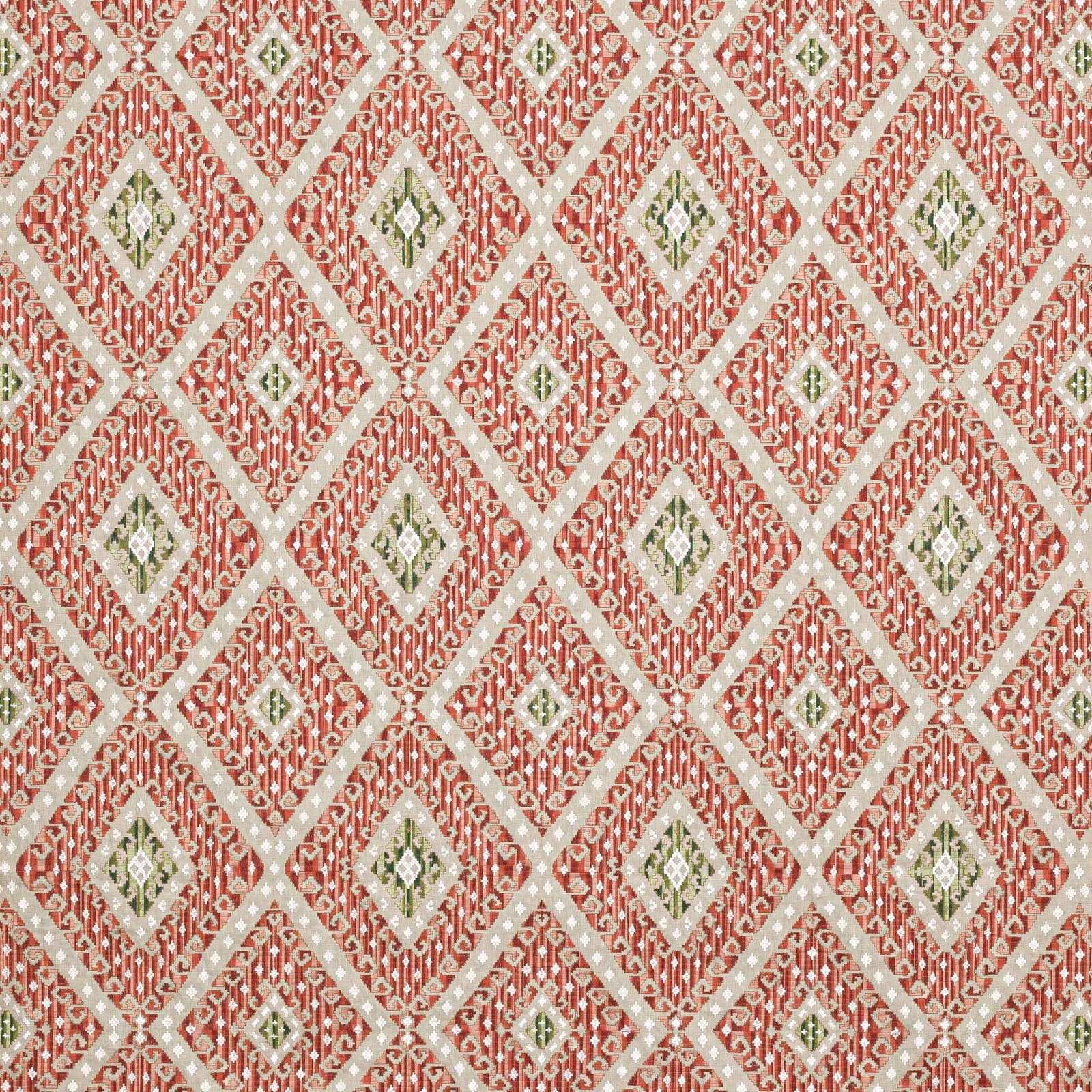 Coral-red geometric diamond fabric with cream lattice and olive centres