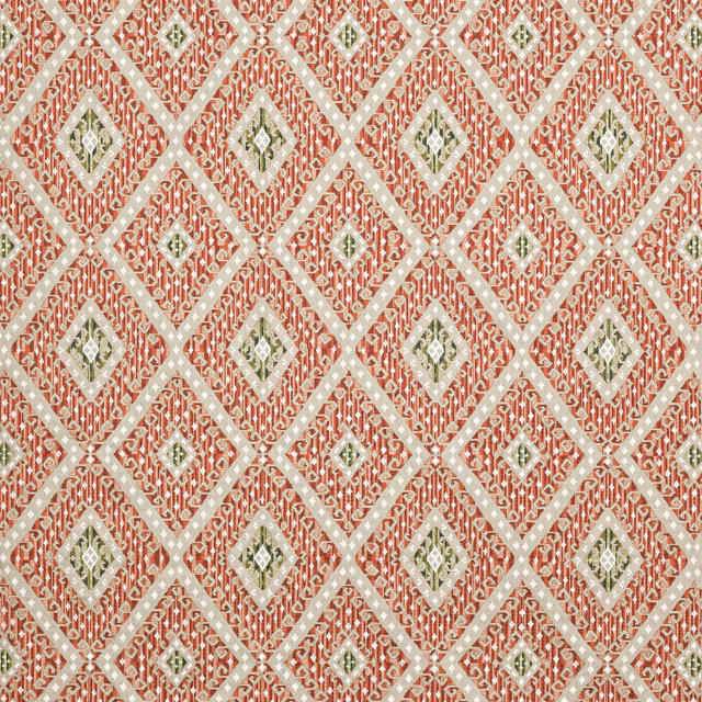 Coral-red geometric diamond fabric with cream lattice and olive centres