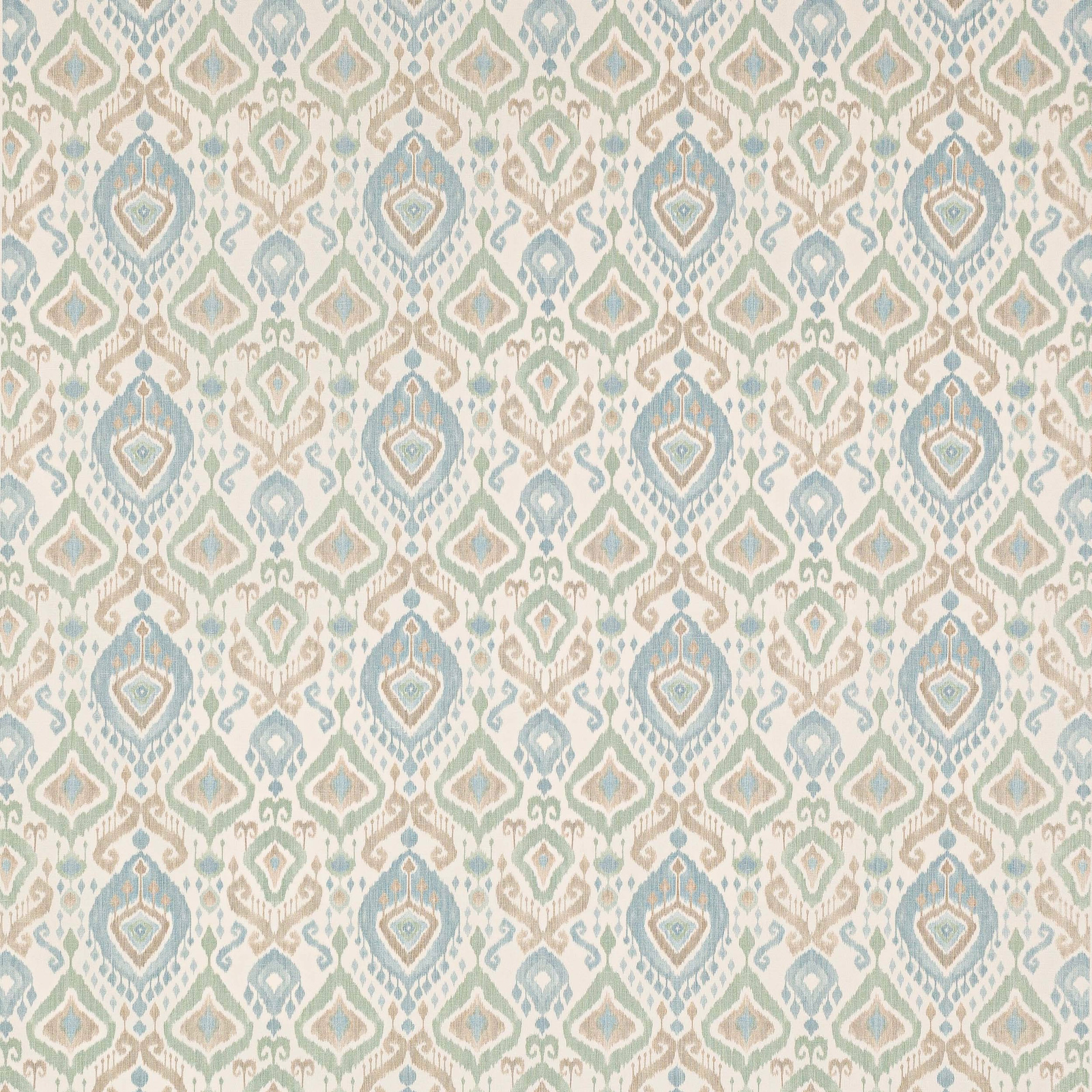 Pale aqua and sage damask pattern on an ivory woven fabric swatch