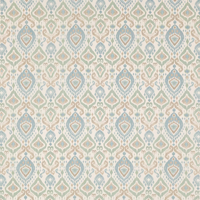 Pale aqua and sage damask pattern on an ivory woven fabric swatch
