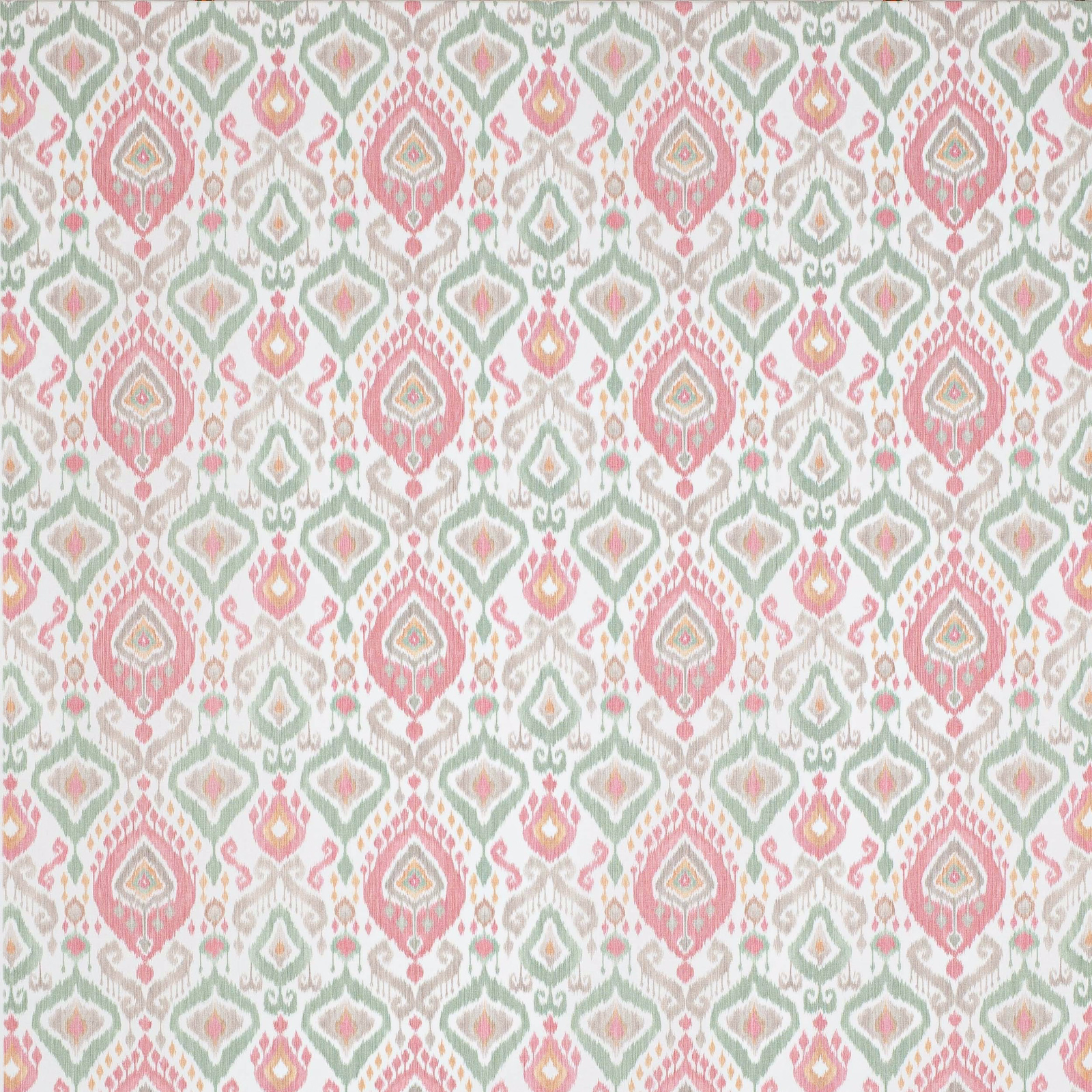 Patterned fabric swatch with coral red and sage green geometric motifs on a pale ground
