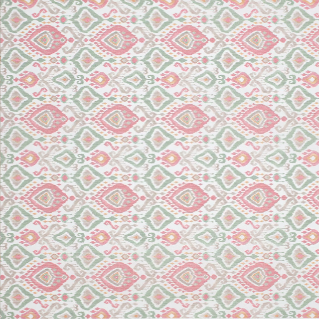 Patterned fabric swatch with coral red and sage green geometric motifs on a pale ground