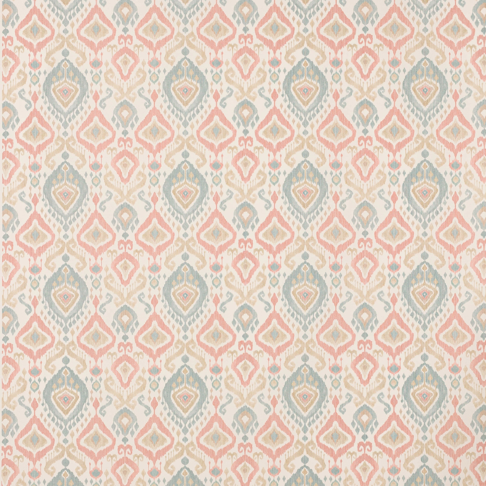 Repeating diamond motif in tomato pink and slate blue-green on a cream woven ground