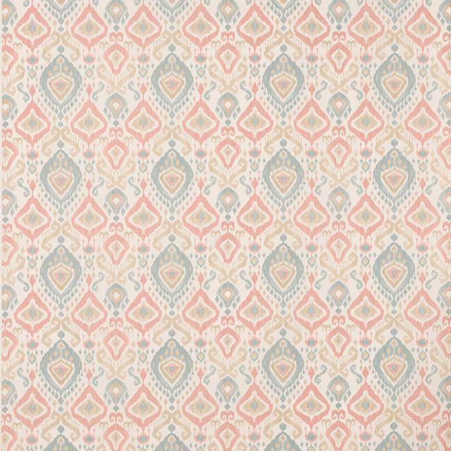 Repeating diamond motif in tomato pink and slate blue-green on a cream woven ground