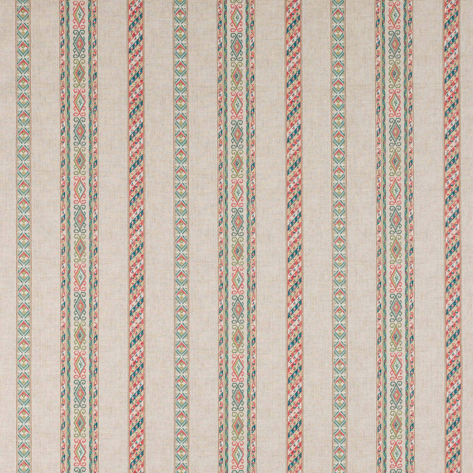 Pale linen fabric with vertical decorative stripes in coral, sage, teal and red