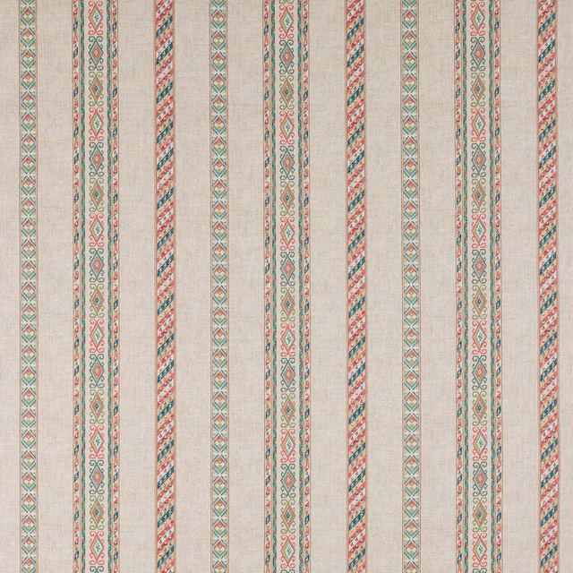 Pale linen fabric with vertical decorative stripes in coral, sage, teal and red