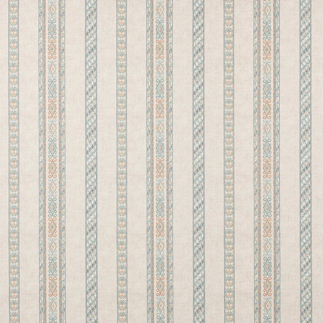 Vertical old blue and cream striped linen with delicate decorative bands
