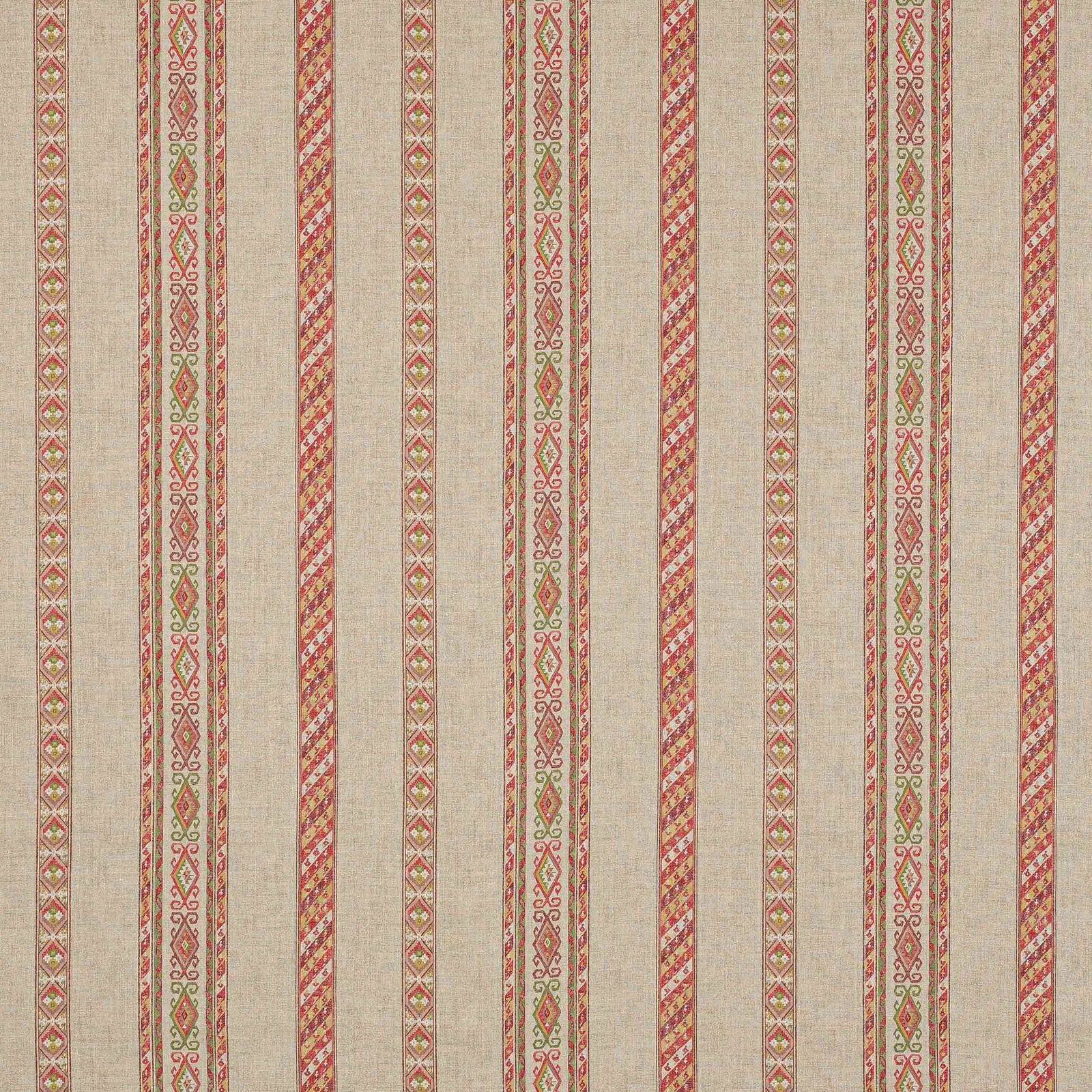 Vertical red and green striped linen fabric with decorative narrow bands