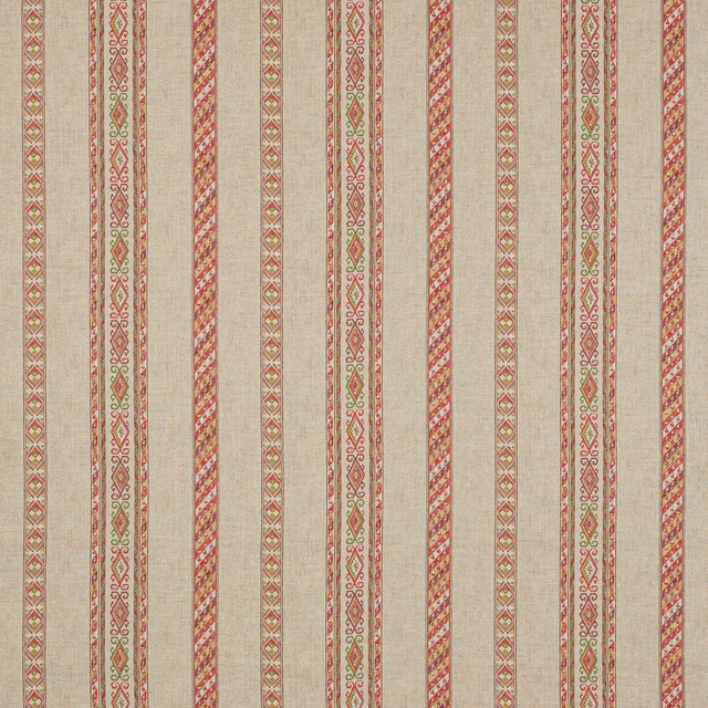 Vertical red and green striped linen fabric with decorative narrow bands