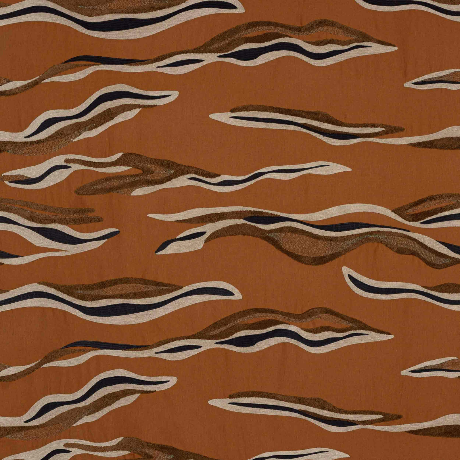 Copper-orange abstract wavy stripes with cream, brown and black bands