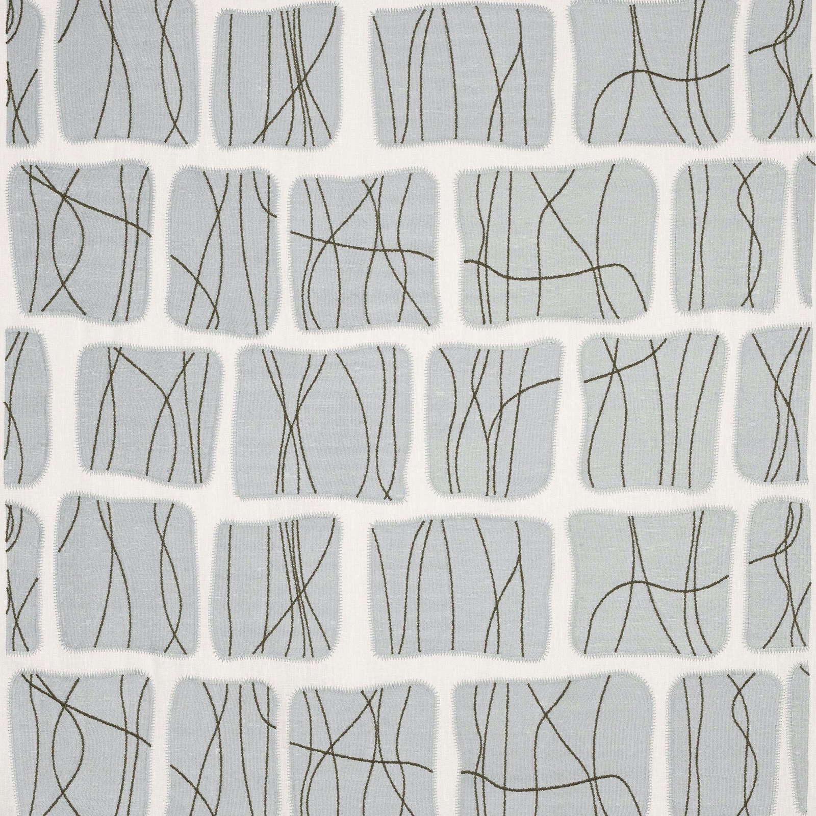 Pale celadon fabric with abstract olive-brown linear pattern and soft woven texture