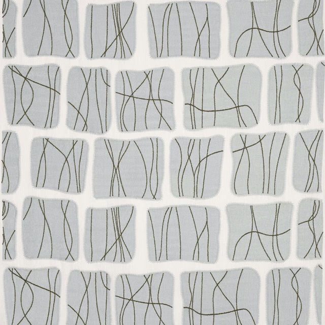 Pale celadon fabric with abstract olive-brown linear pattern and soft woven texture