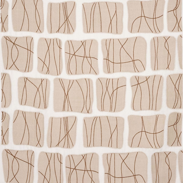 Creamy sand fabric swatch with thin caramel linear abstract pattern