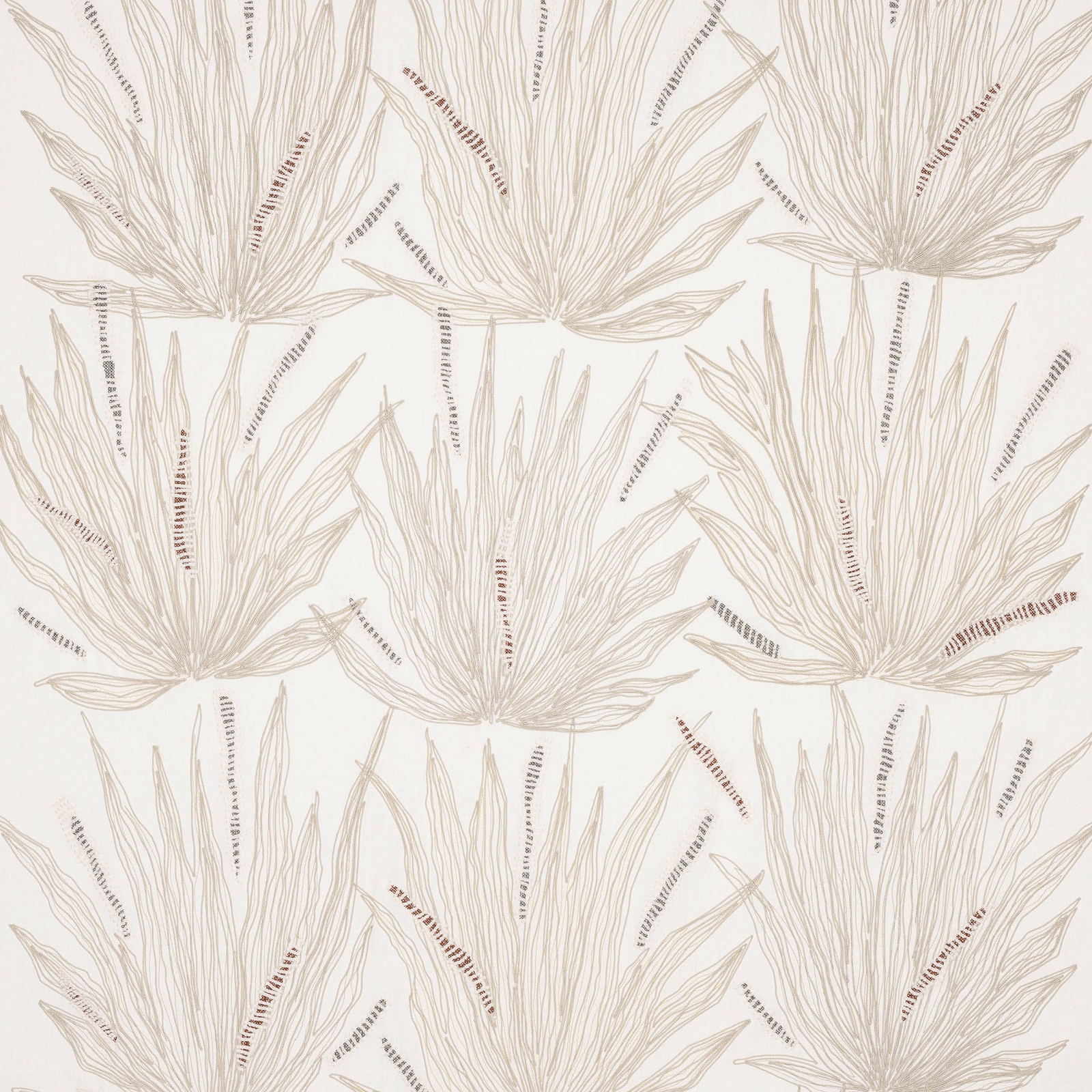 Ivory botanical fabric swatch with fine outlined leaves and soft taupe detailing