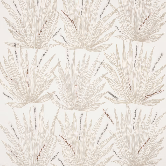Ivory botanical fabric swatch with fine outlined leaves and soft taupe detailing