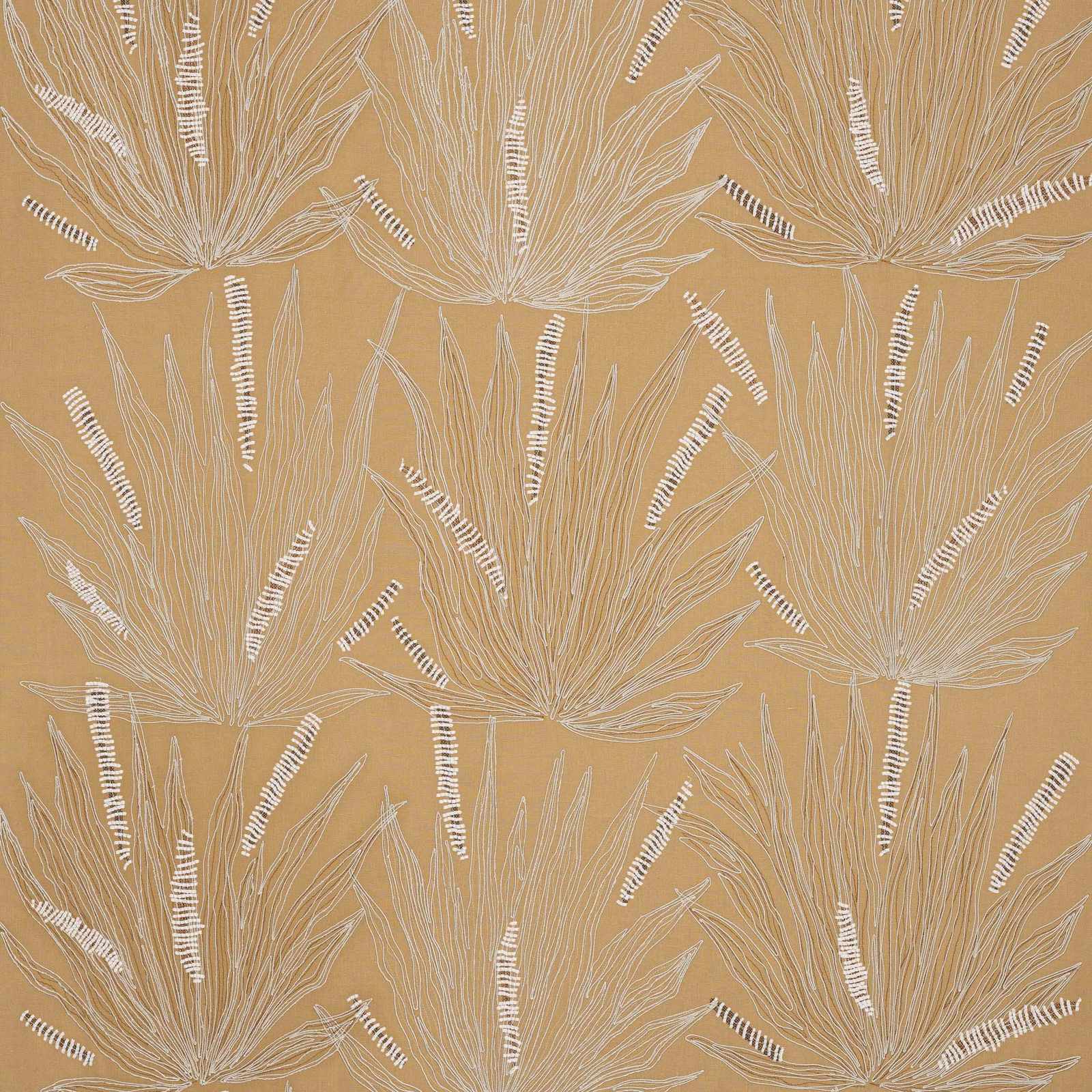 Warm sand beige fabric with large pale floral embroidery and striped accents