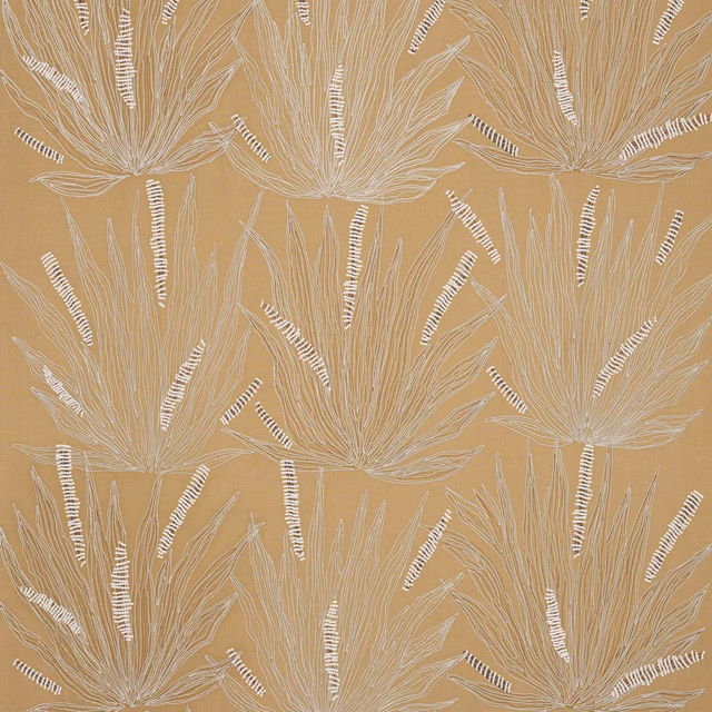Warm sand beige fabric with large pale floral embroidery and striped accents