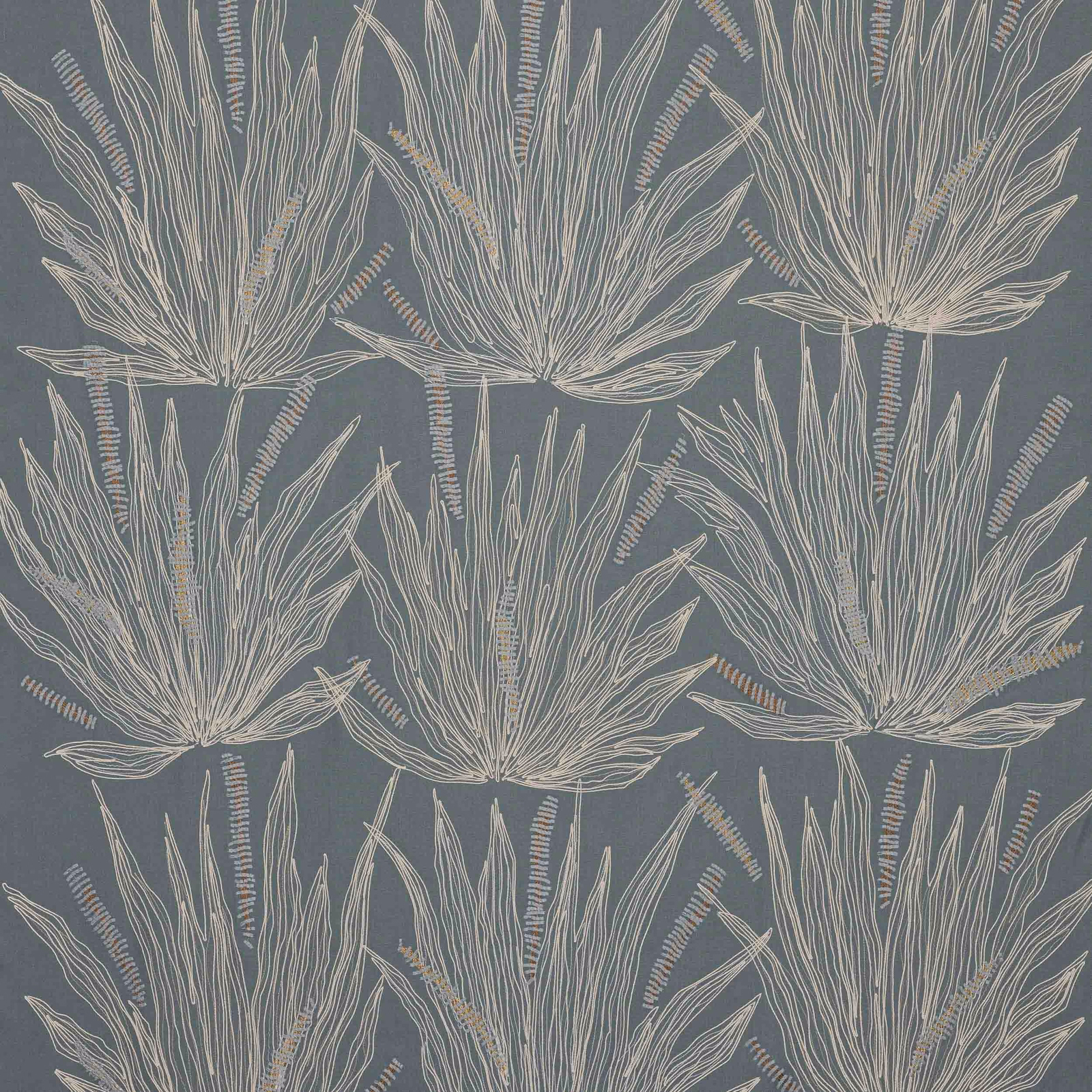 Oversized botanical fabric pattern on muted sea blue ground with pale leaf outlines